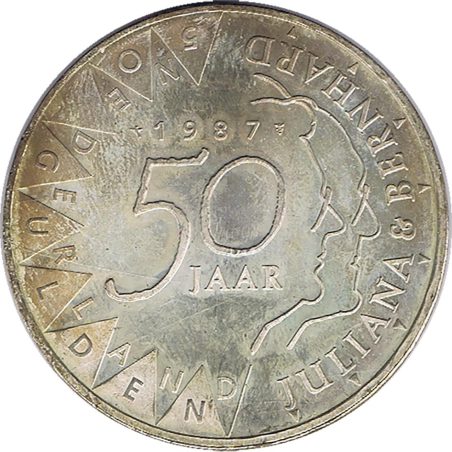 Moneda de plata Holanda 50 Gulden 1987 50 años boda.  - 1
