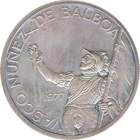 Moneda de plata Panamá 20 Balboas 1977 Vasco Nuñez de Balboa  - 1