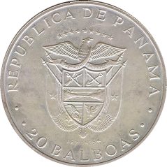 Moneda de plata Panamá 20 Balboas 1977 Vasco Nuñez de Balboa