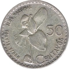 Moneda de plata Guatemala 50 centavos Orquídea.  - 1