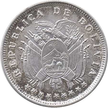 Moneda de plata 20 centavos Bolivia 1909. Sin Circular  - 1