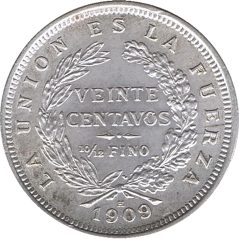 Moneda de plata 20 centavos Bolivia 1909. Sin Circular