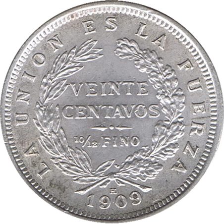 Moneda de plata 20 centavos Bolivia 1909. Sin Circular