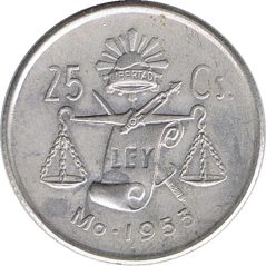 Moneda de plata 25 Centavos México 1953.  - 1
