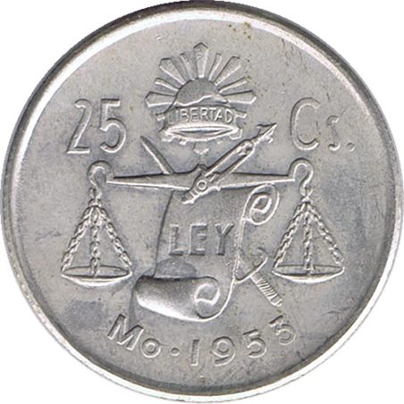 Moneda de plata 25 Centavos México 1953.  - 1