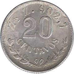 Moneda de plata 20 Centavos México 1899 Zacatecas.