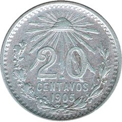 Moneda de plata 20 Centavos México 1905.  - 1