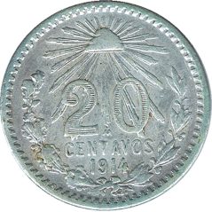 Moneda de plata 20 Centavos México 1914.  - 1
