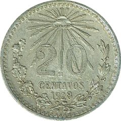 Moneda de plata 20 Centavos México 1928.  - 1