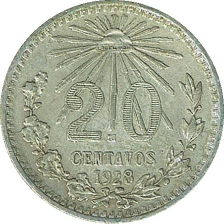 Moneda de plata 20 Centavos México 1928.  - 1