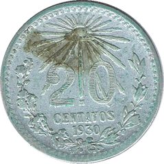Moneda de plata 20 Centavos México 1930.  - 1