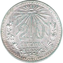 Moneda de plata 20 Centavos México 1933.  - 1