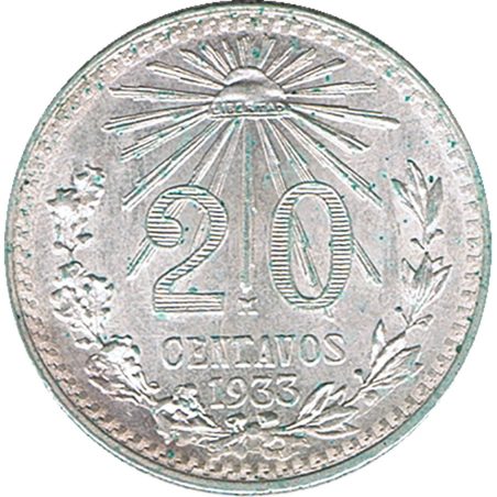 Moneda de plata 20 Centavos México 1933.  - 1