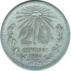 Moneda de plata 20 Centavos México 1934.  - 1