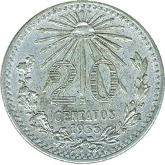 Moneda de plata 20 Centavos México 1935.  - 1