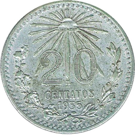 Moneda de plata 20 Centavos México 1935.  - 1