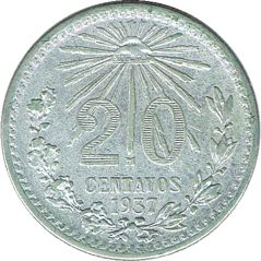 Moneda de plata 20 Centavos México 1937.  - 1