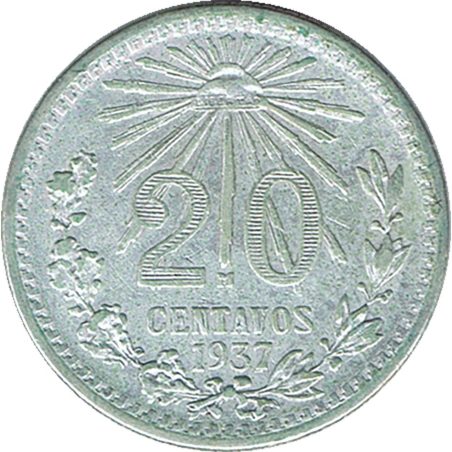 Moneda de plata 20 Centavos México 1937.  - 1