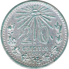 Moneda de plata 20 Centavos México 1939.  - 1