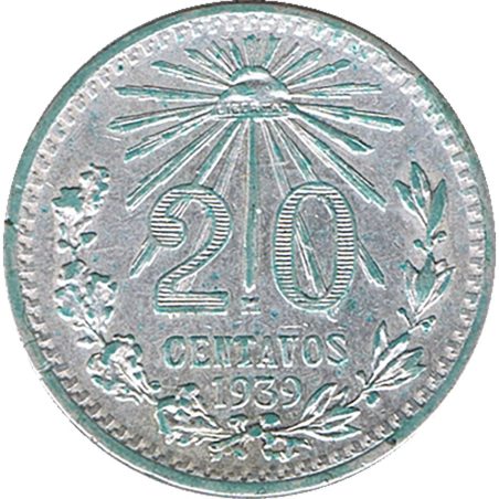 Moneda de plata 20 Centavos México 1939.  - 1