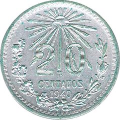 Moneda de plata 20 Centavos México 1940.  - 1