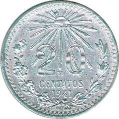 Moneda de plata 20 Centavos México 1941.  - 1