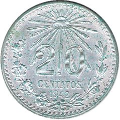 Moneda de plata 20 Centavos México 1942.  - 1