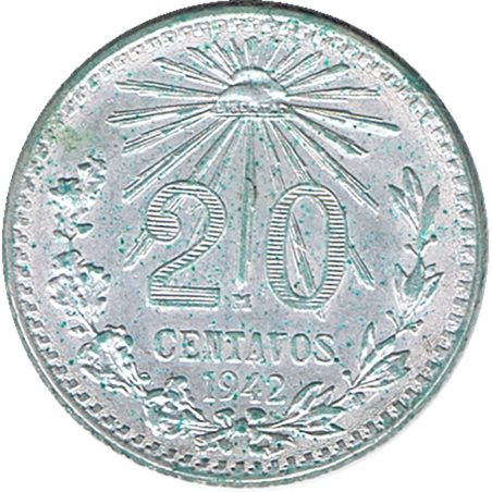 Moneda de plata 20 Centavos México 1942.  - 1