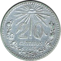 Moneda de plata 20 Centavos México 1943.  - 1