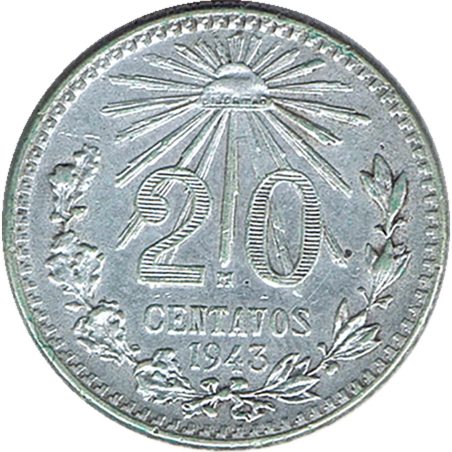 Moneda de plata 20 Centavos México 1943.  - 1