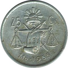 Moneda de plata 25 Centavos México 1953.  - 1