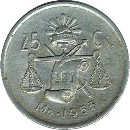 Moneda de plata 25 Centavos México 1953.  - 1