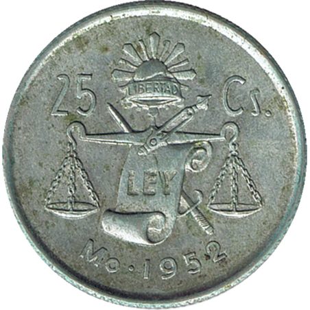 Moneda de plata 25 Centavos México 1952.  - 1