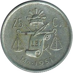 Moneda de plata 25 Centavos México 1951.  - 1