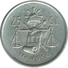 Moneda de plata 25 Centavos México 1950.  - 1