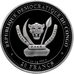 Moneda onza de plata 20 Francs Congo Megalodón 2025.