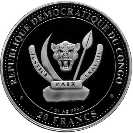 Moneda onza de plata 20 Francs Congo Megalodón 2025.