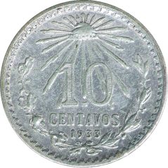 Moneda de plata 10 Centavos México 1933.  - 1
