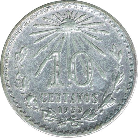 Moneda de plata 10 Centavos México 1933.  - 1