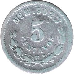 Moneda de plata 5 Centavos México 1892 MoM.