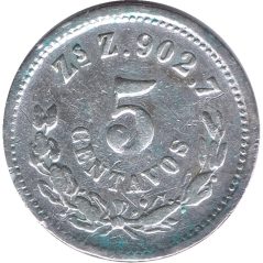 Moneda de plata 5 Centavos México 1889 Zacatecas.