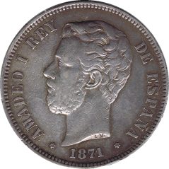 5 Pesetas Plata 1871 *71 Amadeo I SD M.  - 1