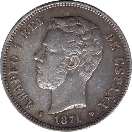 5 Pesetas Plata 1871 *71 Amadeo I SD M.  - 1