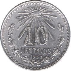 Moneda de plata 10 Centavos México 1933.  - 1