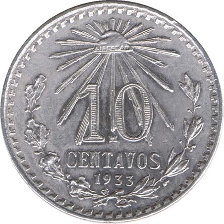 Moneda de plata 10 Centavos México 1933.  - 1