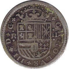 Moneda de plata 2 Reales 1708 Carlos III Pretendiente. Barcelona.