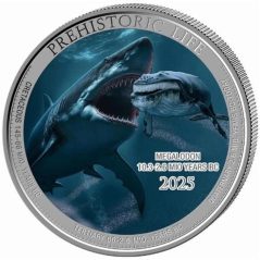 Moneda onza de plata 20 Francs Congo Megalodón 2025. Color  - 1