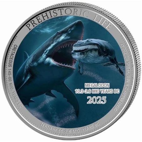 Moneda onza de plata 20 Francs Congo Megalodón 2025. Color  - 1