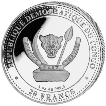 Moneda onza de plata 20 Francs Congo Megalodón 2025. Color