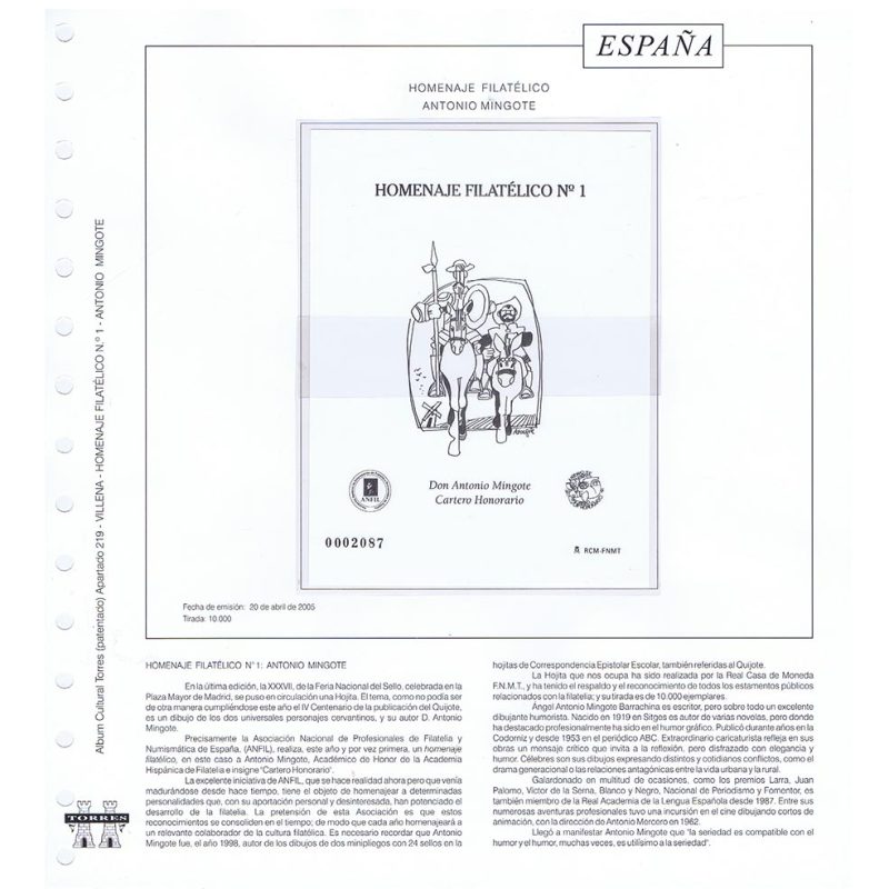 Colección 10 Homenajes Filatélicos nº1 al 10 en hojas Torres. - 1 Colección 10 Homenajes Filatélicos nº1 al 10 en hojas Torres. - 1